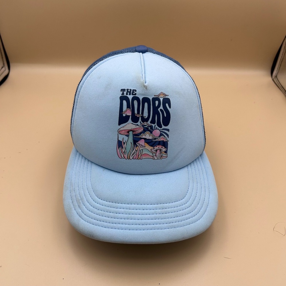 The Doors Mushroom Graphic Trucker Hat Blue Snapback Band Merchandise Mesh Cap